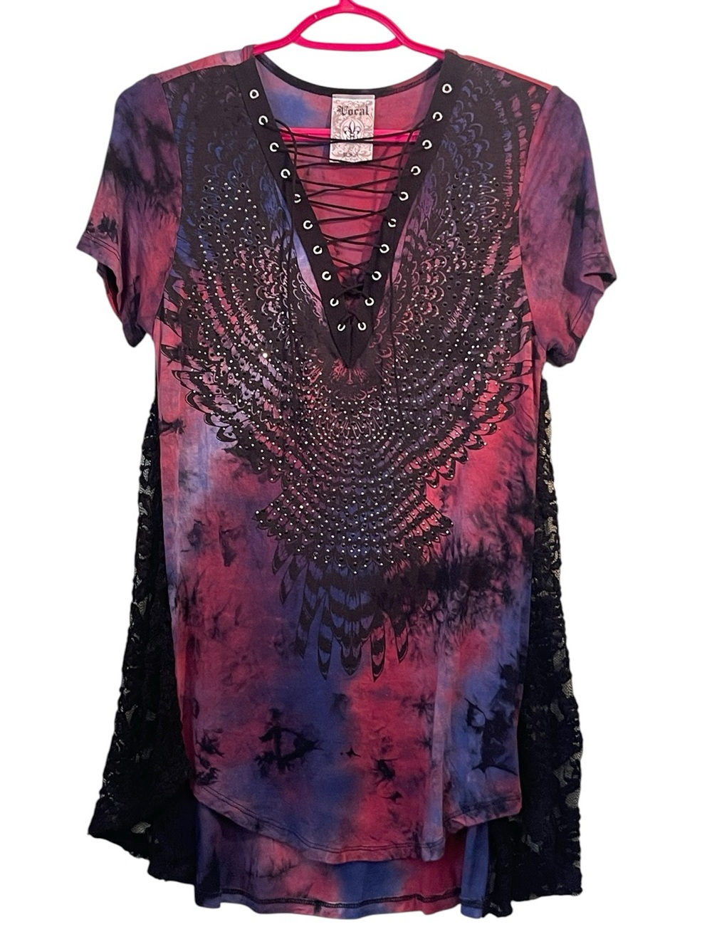 Vocal tie-dyed, rhinestone, lace top with eagle print. Size small GUC - Picture 2 of 9